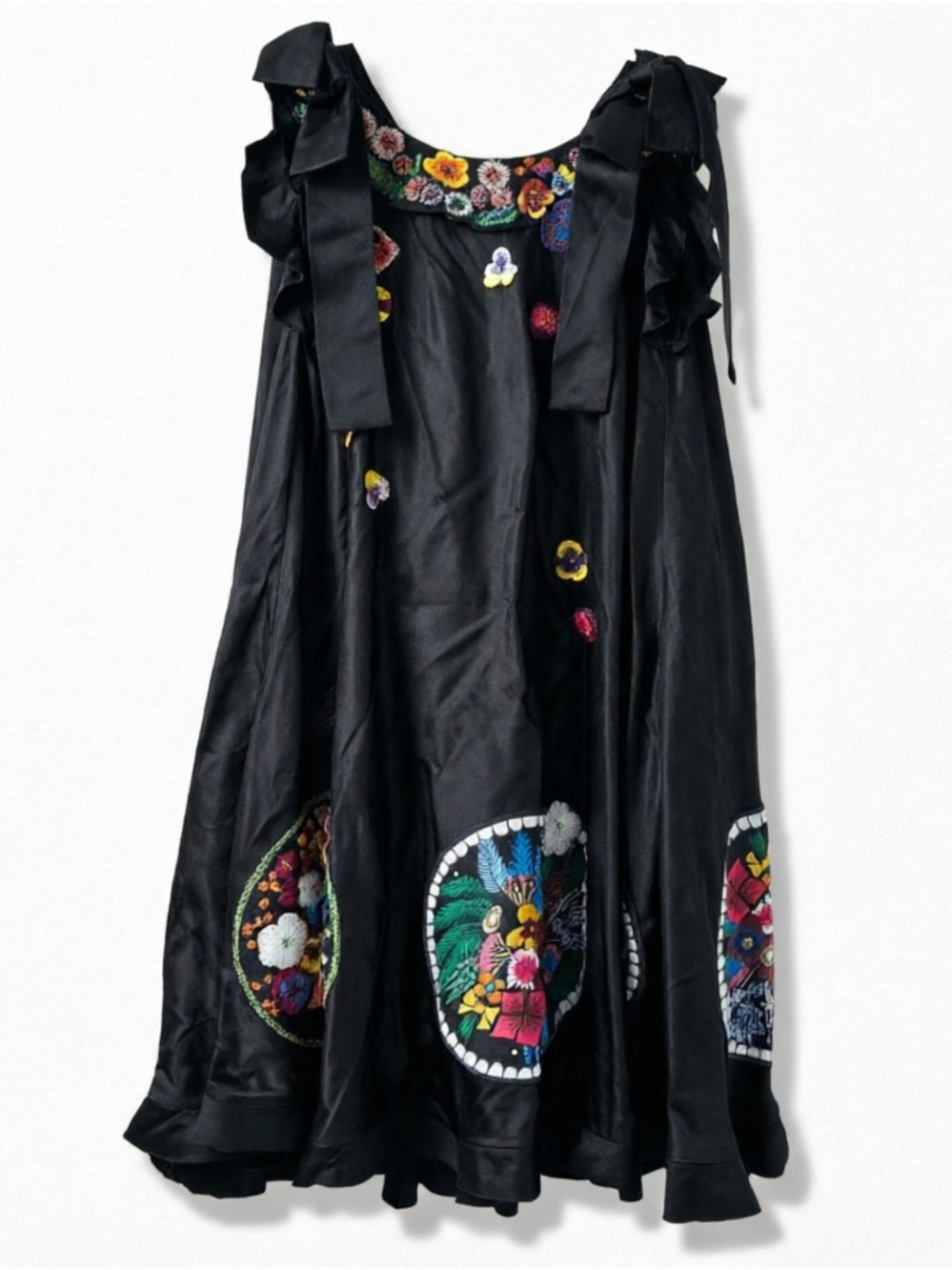 🚩steal Fendi Black Satin A-Line Dress with Multicolor Floral Embroidery
